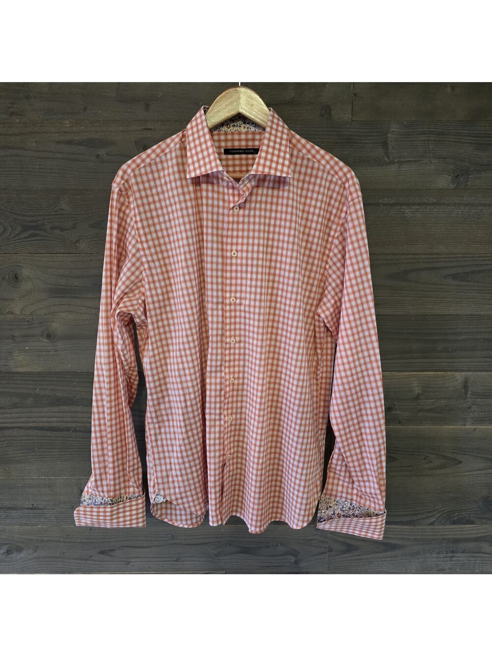 Hammer Made 43/17 Orange White Check Dress Shirt Floral Trim Button Front